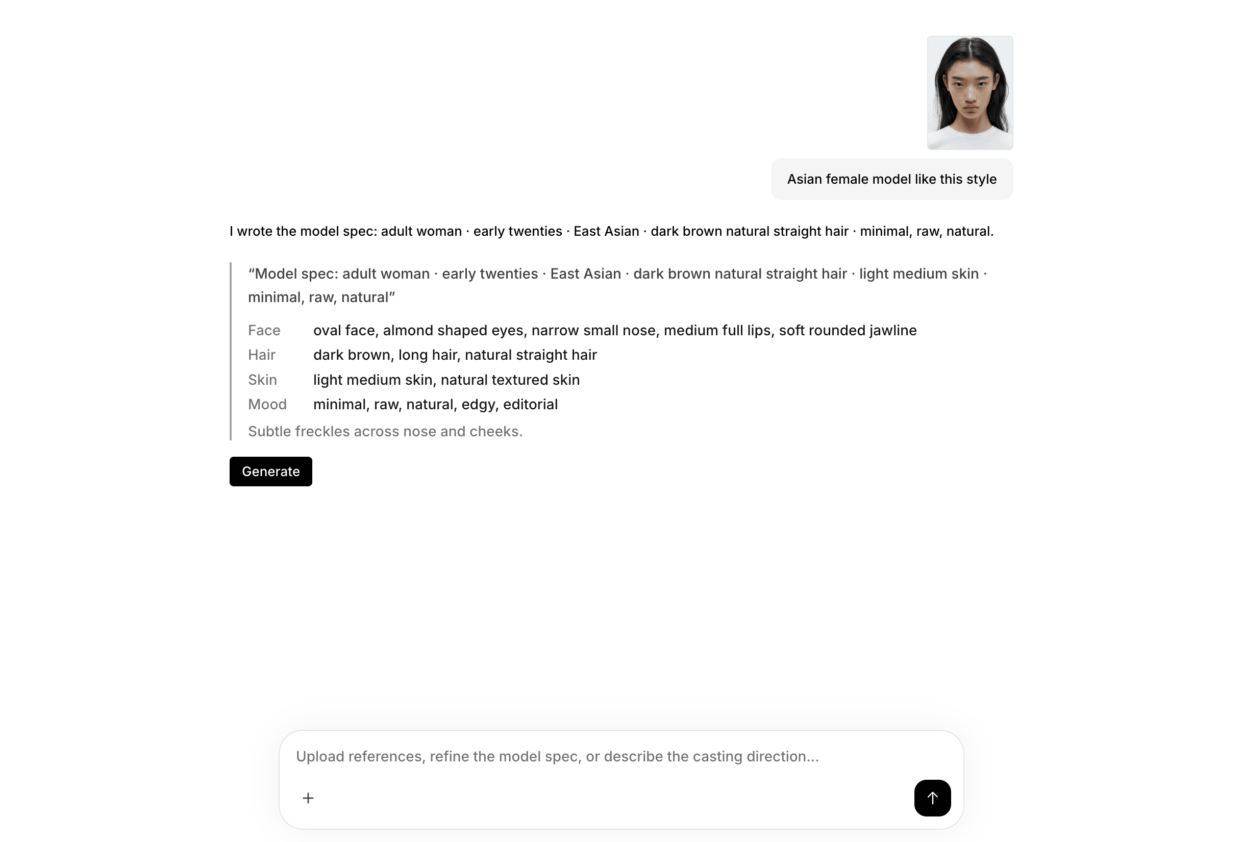 AI-generated model profile and prompts