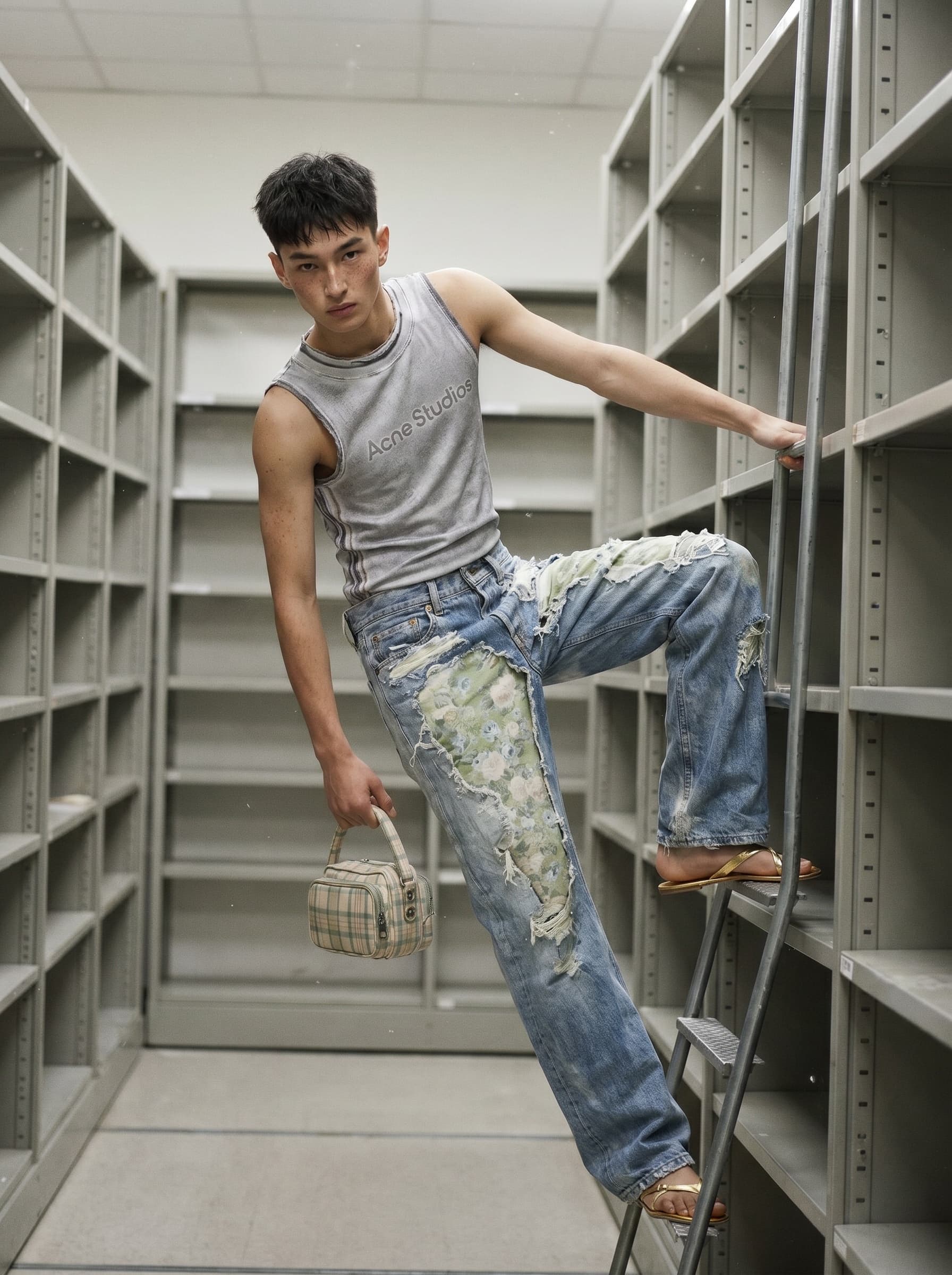 Trompe-l’œil jeans, almost catalogue generated Acne Studios editorial look with Model H929
