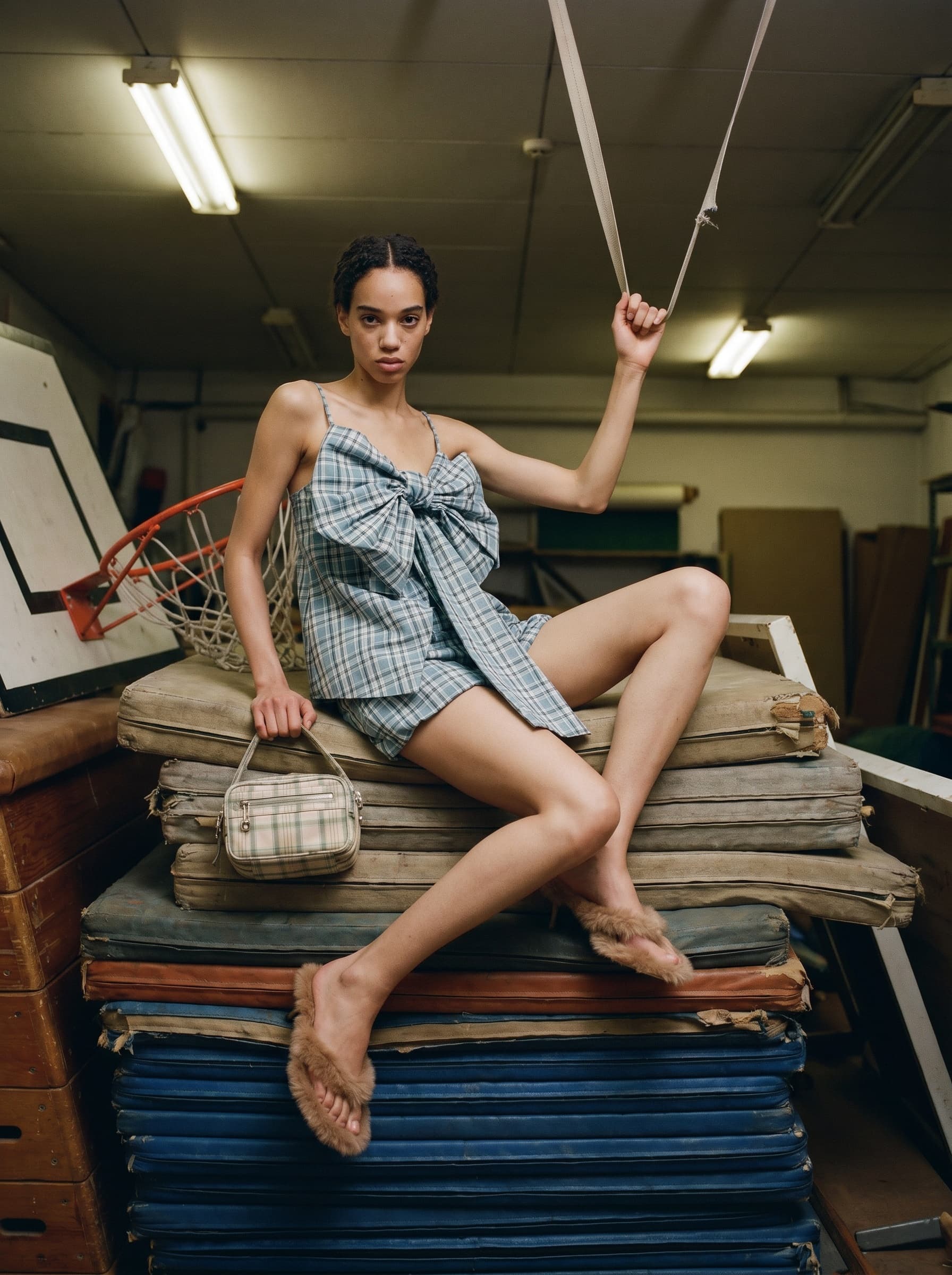 Check bow, school photo room generated Acne Studios editorial look with Model H360