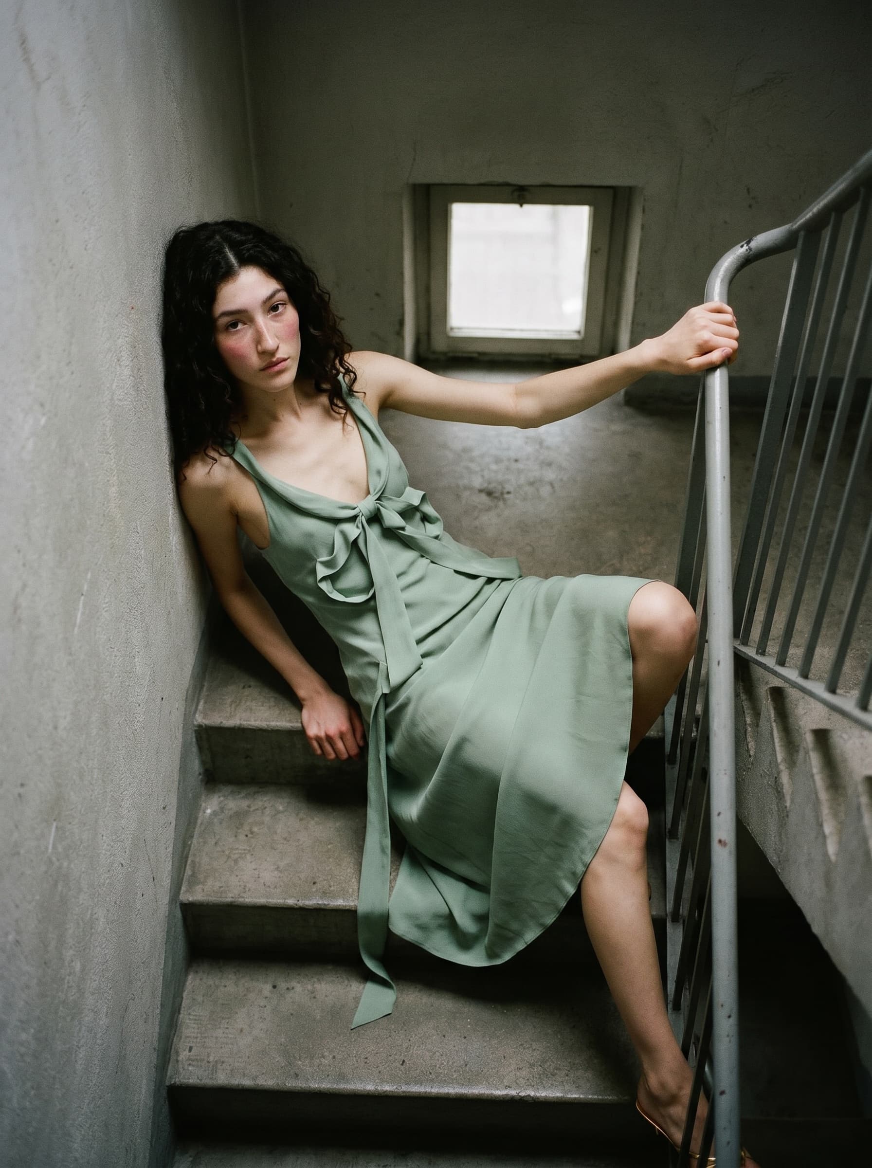 Silk dress, brown room poise generated Acne Studios editorial look with Model H029