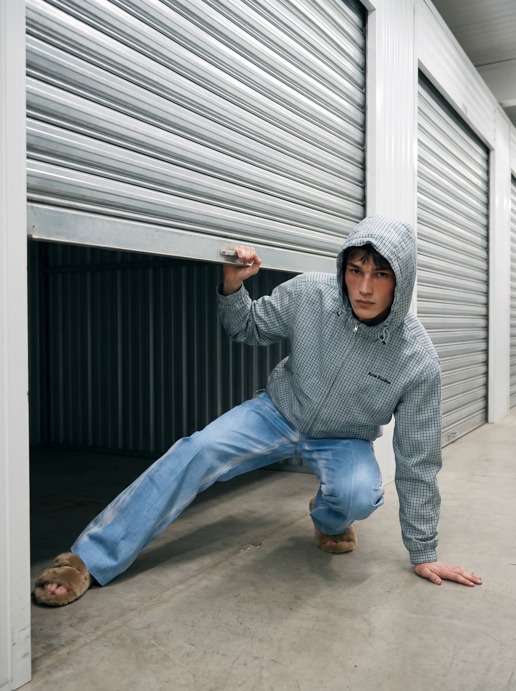 Hooded check, institutional cool generated Acne Studios editorial look with Model 314