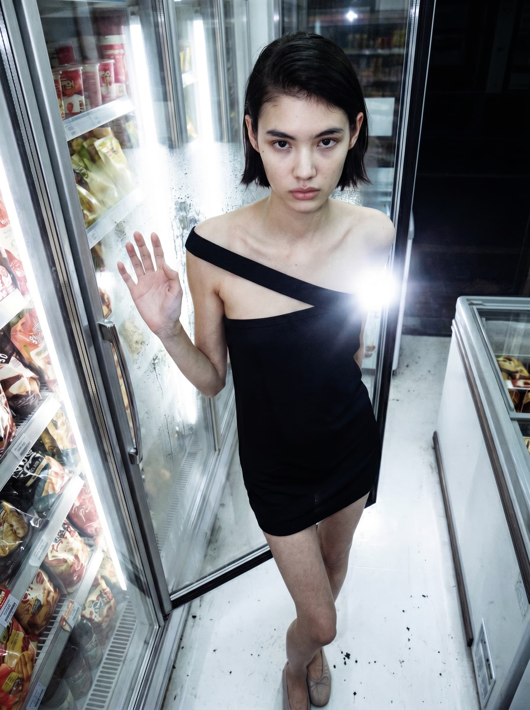 Alla dress, freezer aisle fashion editorial generated with Sofi model H154