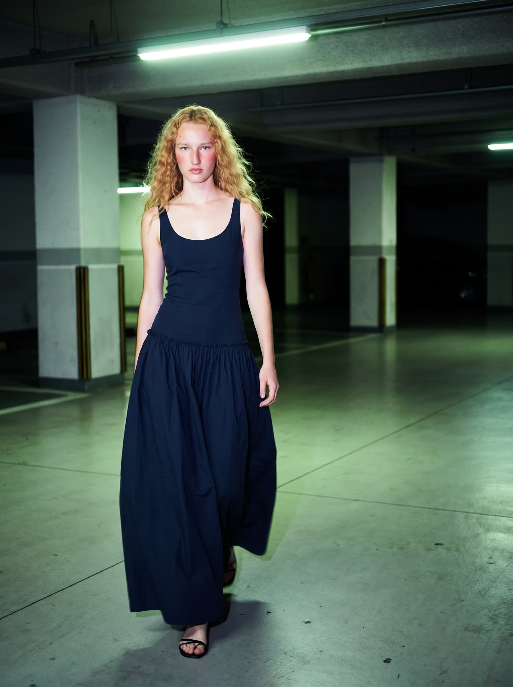 Aluni dress, parking level fashion editorial generated with Sofi model H580