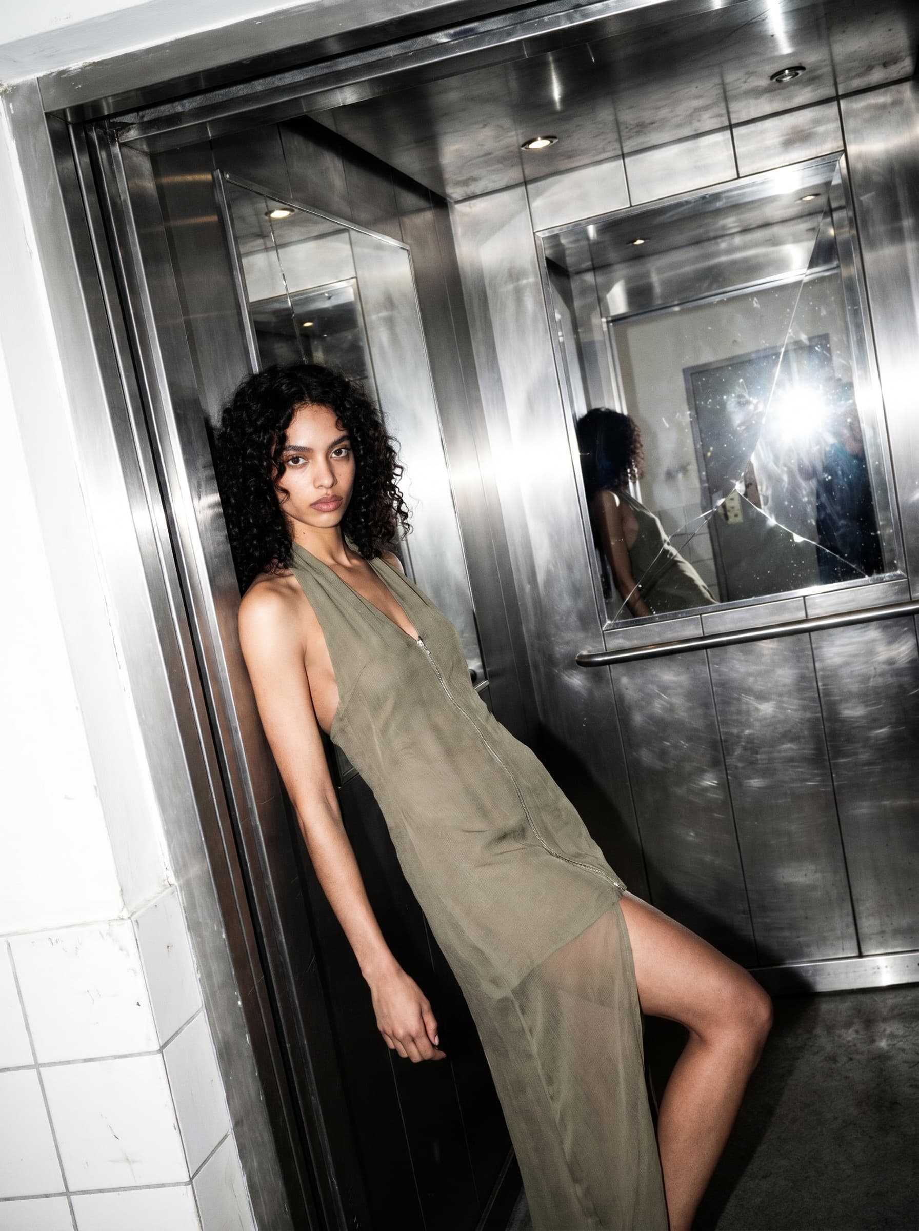 Jinno dress, elevator reflection fashion editorial generated with Sofi model GW011