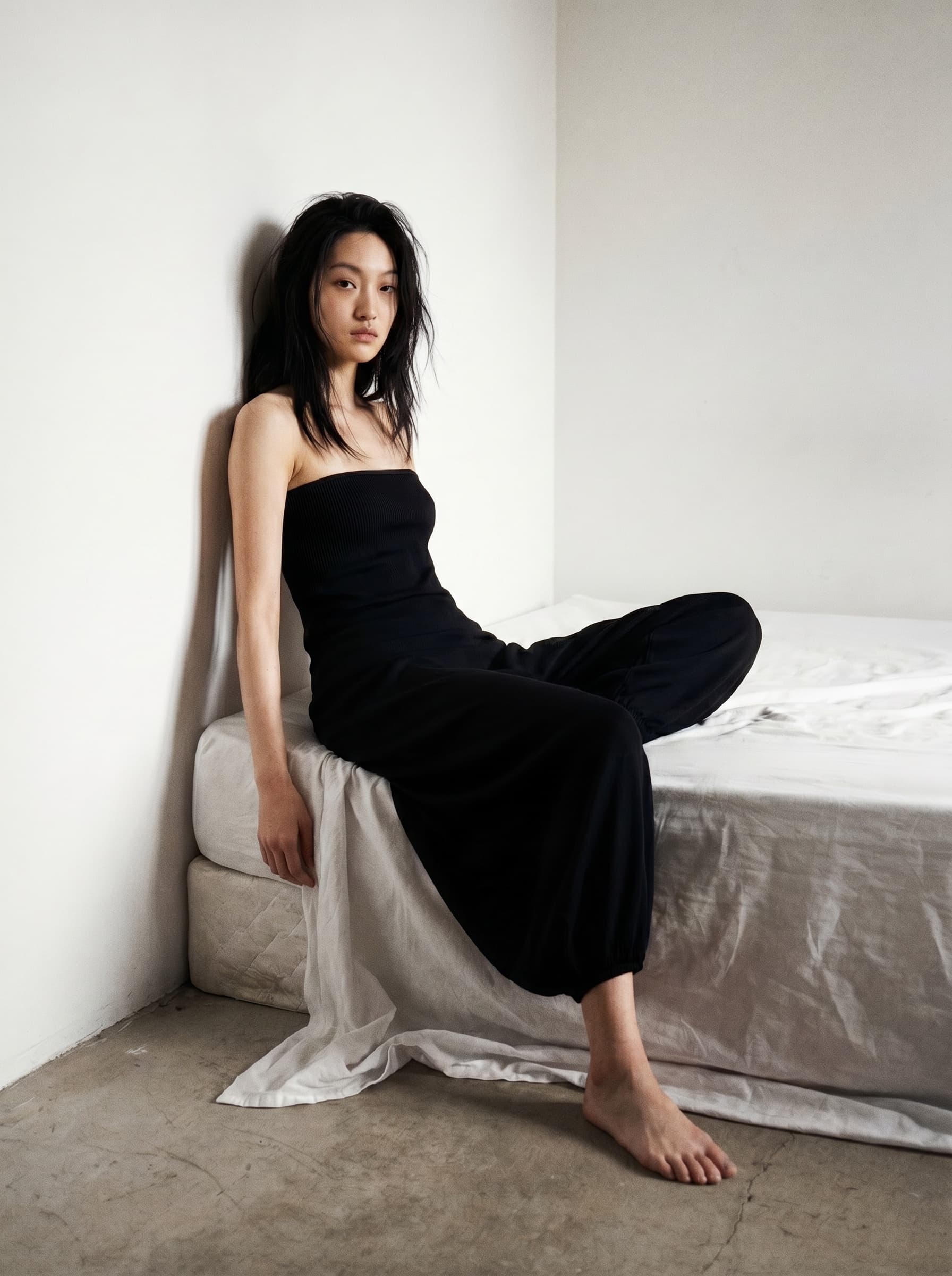 Gelo jumpsuit, mattress edge fashion editorial generated with Sofi model 958